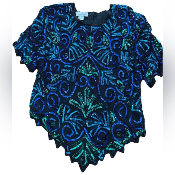 Laurence Kazar ladies size 1X black blue green evening glam top 100% silk sequin - Picture 9 of 10
